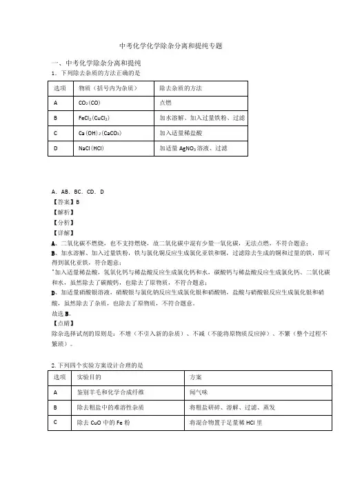 中考化学化学除杂分离和提纯专题