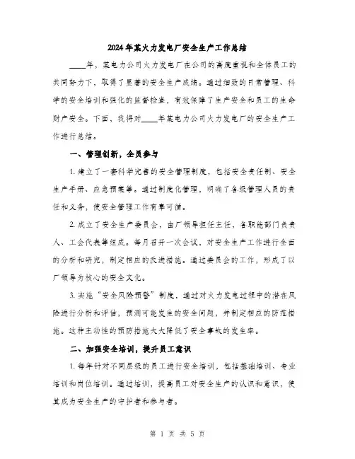 2024年某火力发电厂安全生产工作总结（2篇）