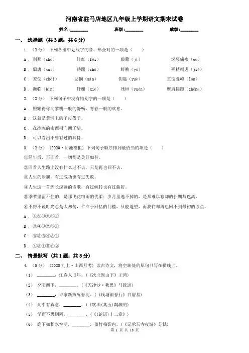 河南省驻马店地区九年级上学期语文期末试卷