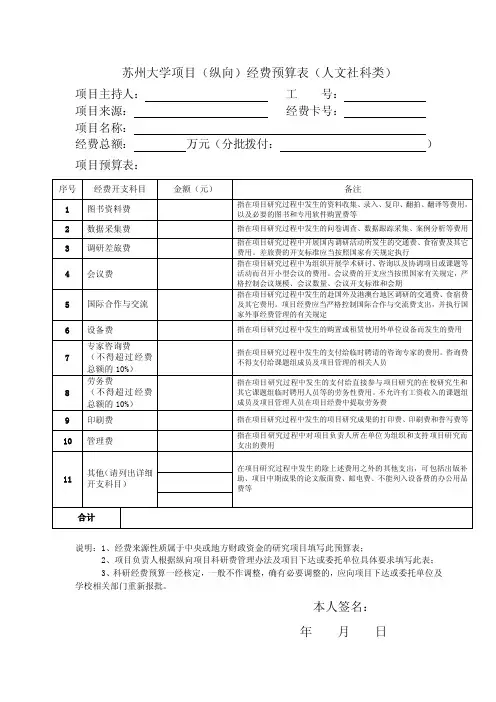纵向项目经费预算表（人文社科类）