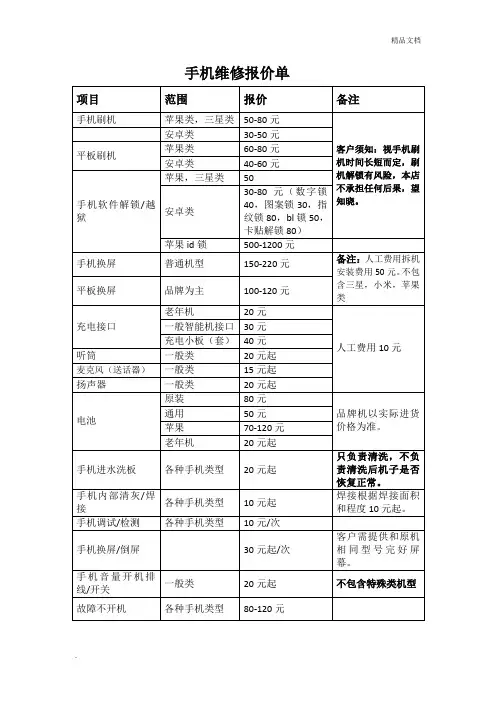 手机维修报价单