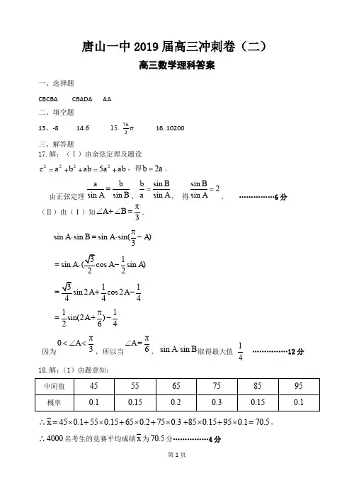 唐山一中2019 届高三冲刺卷 (二)数学(理科)答案