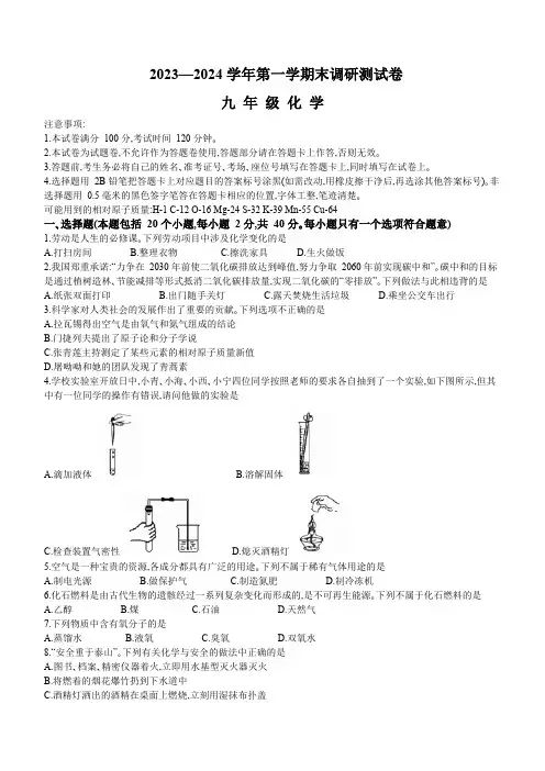青海省西宁市2023-2024学年九年级上学期期末化学试卷(含答案)