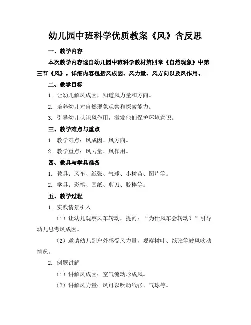 幼儿园中班科学优质教案《风》含反思