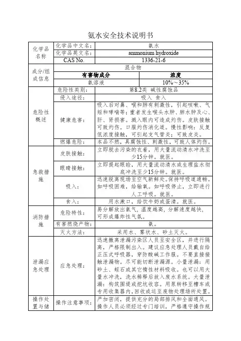氨水安全技术说明书