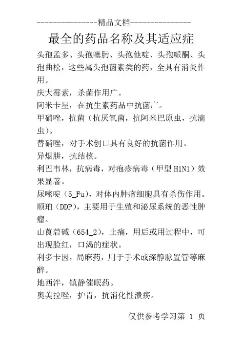 最全的药品名称及其适应症