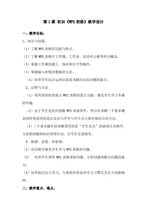 小学信息技术青岛版五年级下册第一单元第1课 初识WPS表格 教案