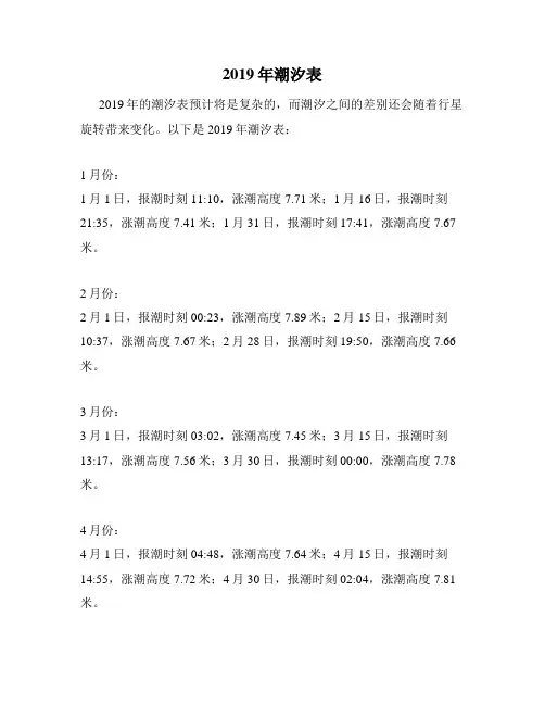 2019年潮汐表