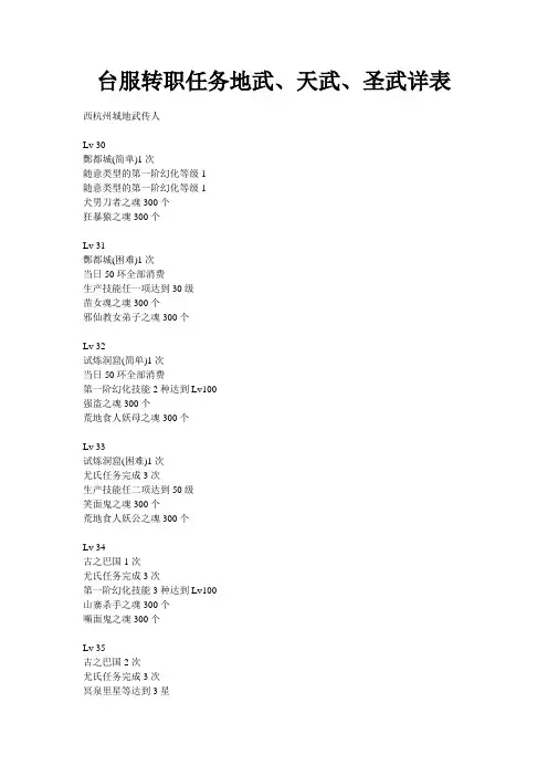 转职任务(地武、天武、圣武)详表