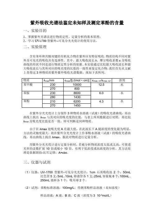 紫外吸收光谱法鉴定未知样及测定苯酚的含量