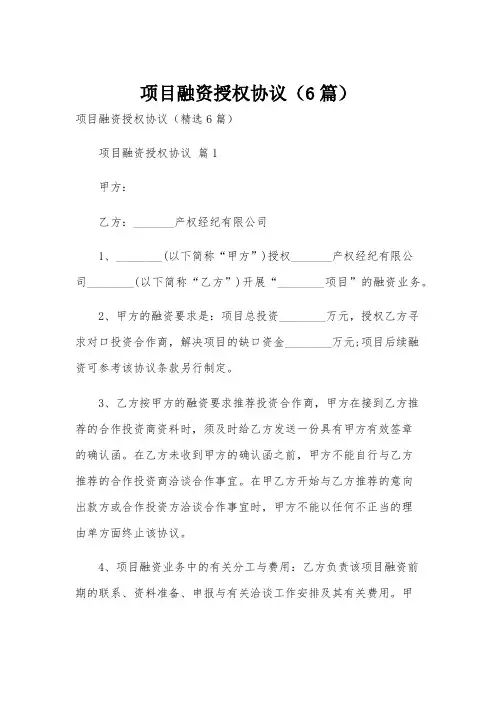 项目融资授权协议(6篇)