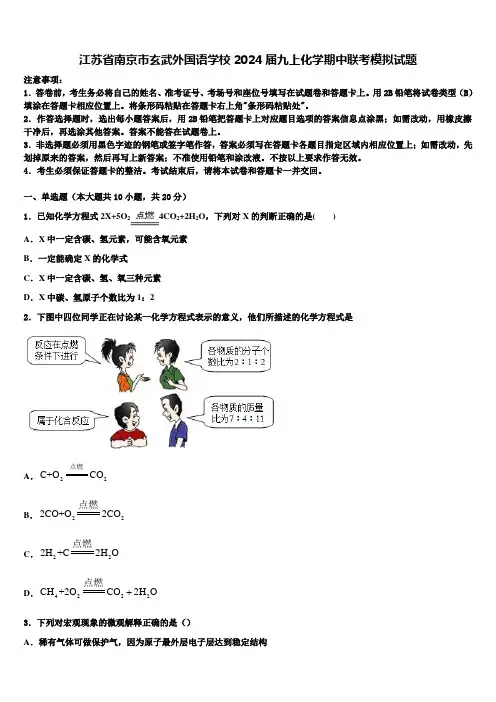 江苏省南京市玄武外国语学校2024届九上化学期中联考模拟试题含解析