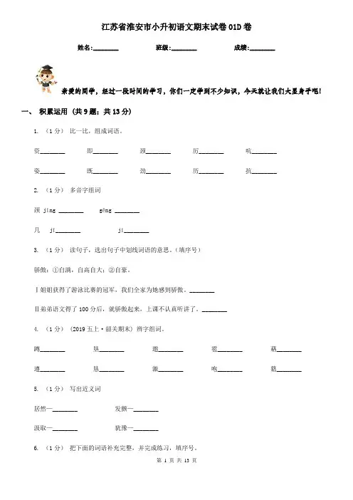 江苏省淮安市小升初语文期末试卷01D卷