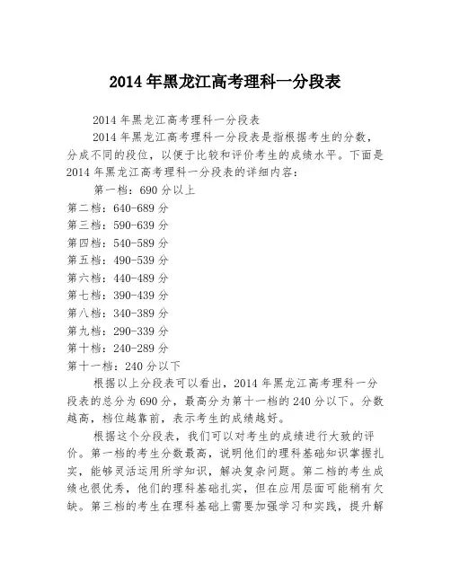 2014年黑龙江高考理科一分段表