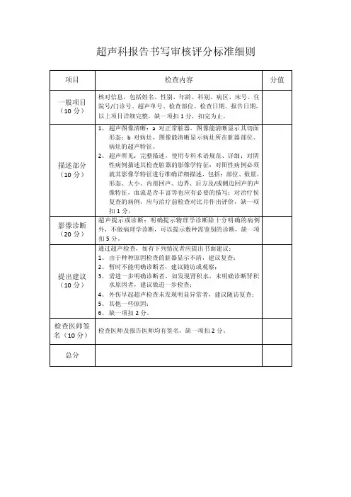 超声科报告书写审核评分标准细则