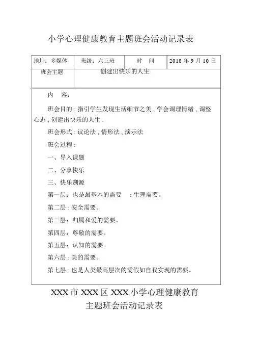小学心理健康教育主题班会活动记录表