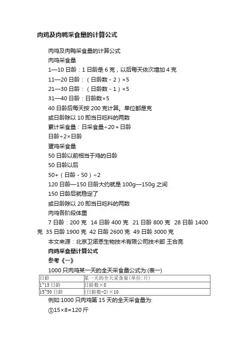 肉鸡及肉鸭采食量的计算公式