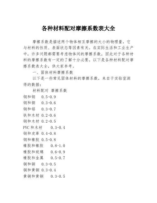 各种材料配对摩擦系数表大全