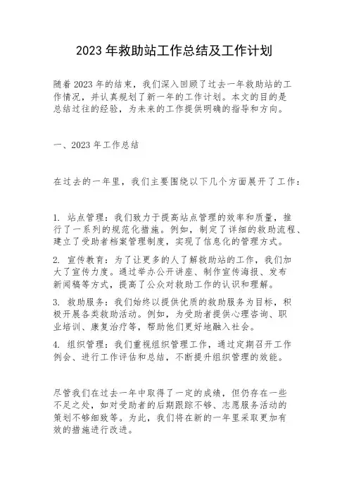 2023年救助站工作总结及工作计划