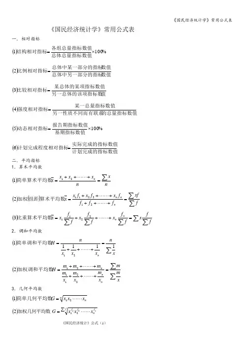 《国民经济统计学》常用公式表