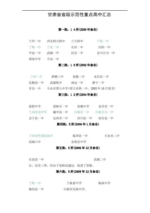 甘肃省省级示范性重点高中汇总