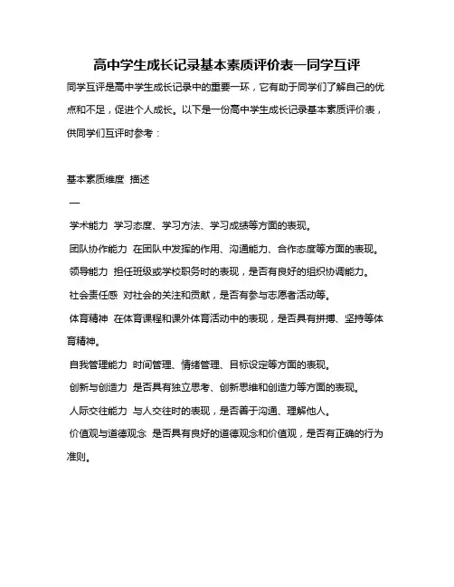 高中学生成长记录基本素质评价表一同学互评