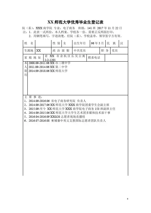 师范大学优秀毕业生登记表【模板】