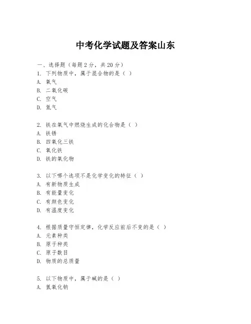 中考化学试题及答案山东