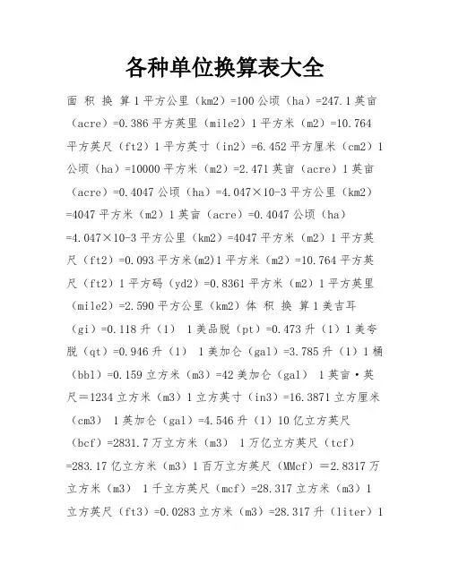 各种单位换算表大全