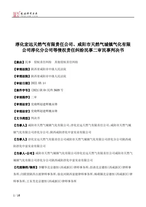 淳化宏远天然气有限责任公司、咸阳市天然气城镇气化有限公司淳化分公司等侵权责任纠纷民事二审民事判决书