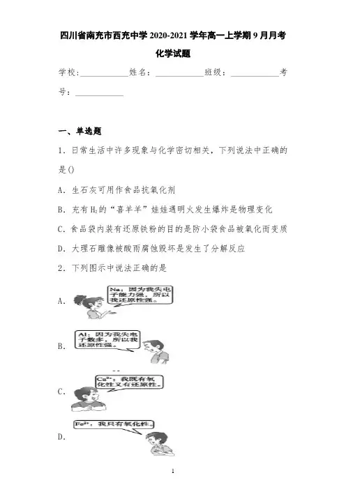四川省南充市西充中学2020-2021学年高一上学期9月月考化学试题