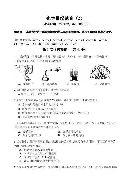 2020年中考化学复习加餐练：中考模拟试题(2)