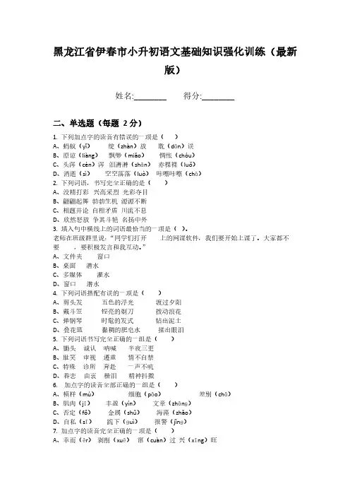 黑龙江省伊春市小升初语文基础知识强化训练(最新版)