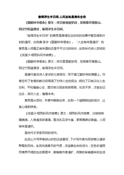偷得浮生半日闲,人间至味是清欢全诗