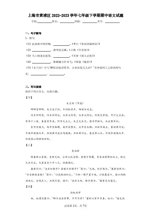 上海市黄浦区2022-2023学年七年级下学期期中语文试题(含答案解析)