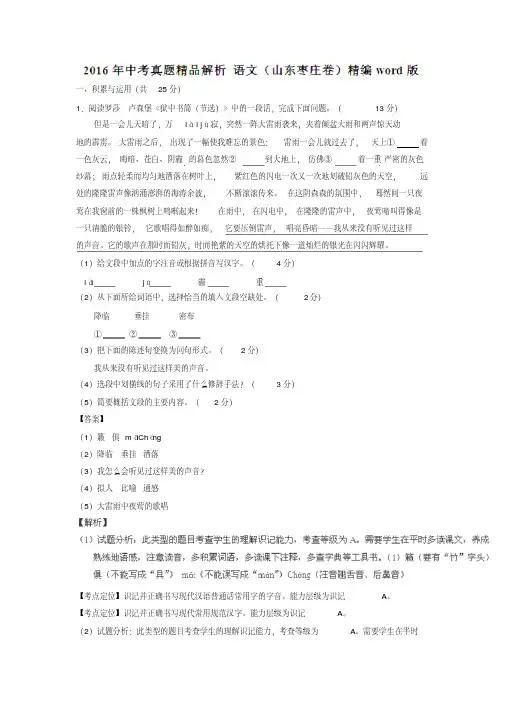 山东枣庄2016中考试题语文卷(解析版)