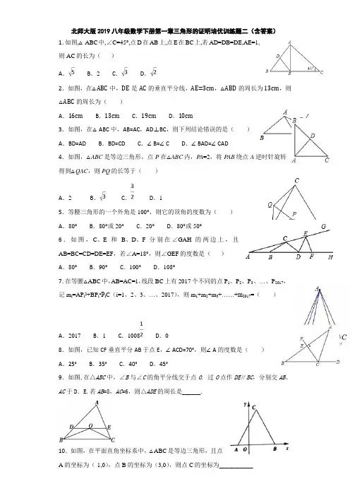 北师大版2019八年级数学下册第一章三角形的证明培优训练题二(含答案)
