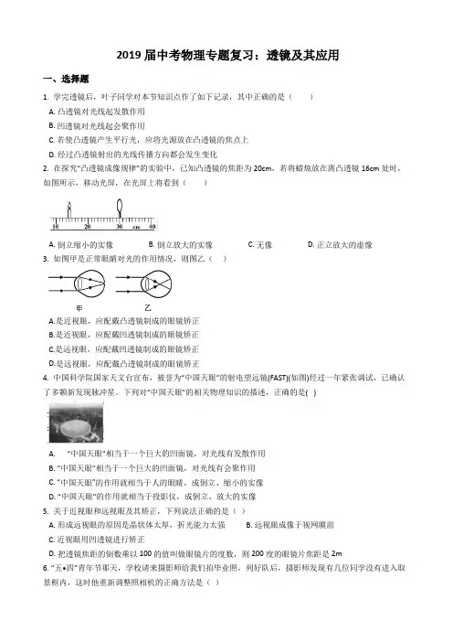 2019届中考物理专题复习：透镜及其应用及答案