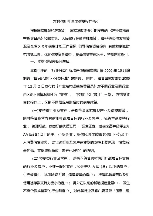 农村信用社年度信贷投向指引