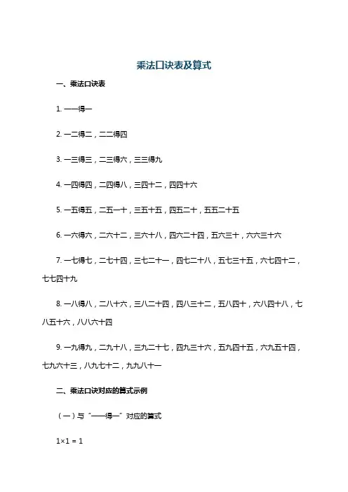 乘法口诀表及算式