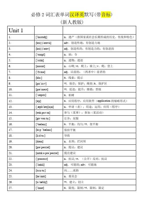 必修2词汇表单词汉译英默写(带音标)(新人教版)