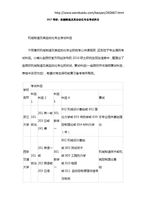 2017考研：机械制造及其自动化专业考试科目