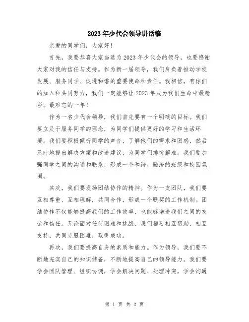 2023年少代会领导讲话稿
