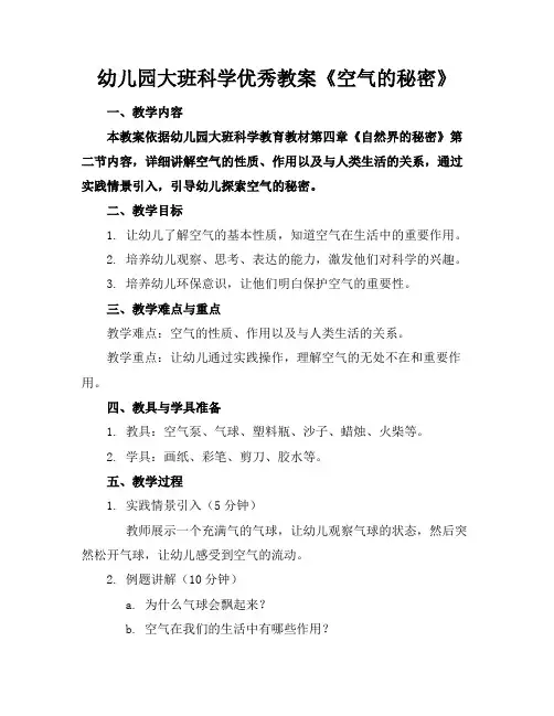 幼儿园大班科学优秀教案《空气的秘密》
