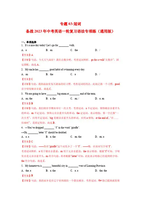 专题03-冠词-备战2023年中考英语一轮复习语法专项练(通用版)(解析版)