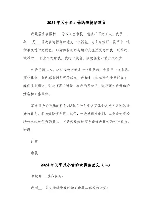 2024年关于抓小偷的表扬信范文(三篇)