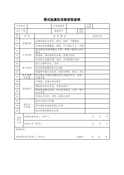 塔式起重机安装前检查表