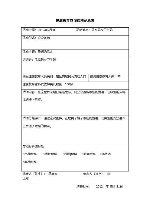 【免费下载】健康教育咨询活动记录表