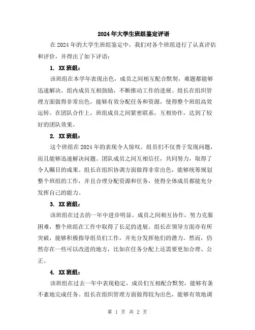 2024年大学生班组鉴定评语