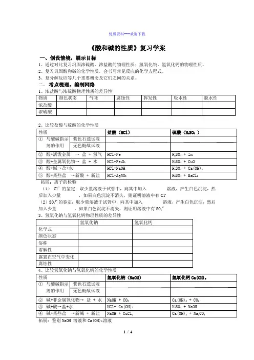 化学鲁教版(五四制)九年级全册鲁教版(五四制)化学第二单元常见的酸和碱复习 学案